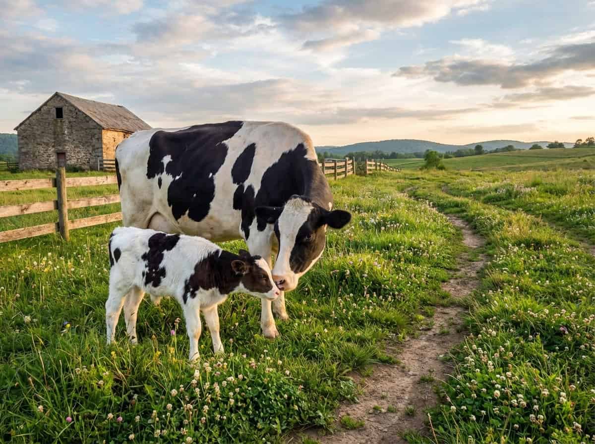 A black and white cow nuzzles a calf in a grassy field with wildflowers. A dirt path and wooden fence run alongside them, and a stone barn sits in the background under a partly cloudy sky.