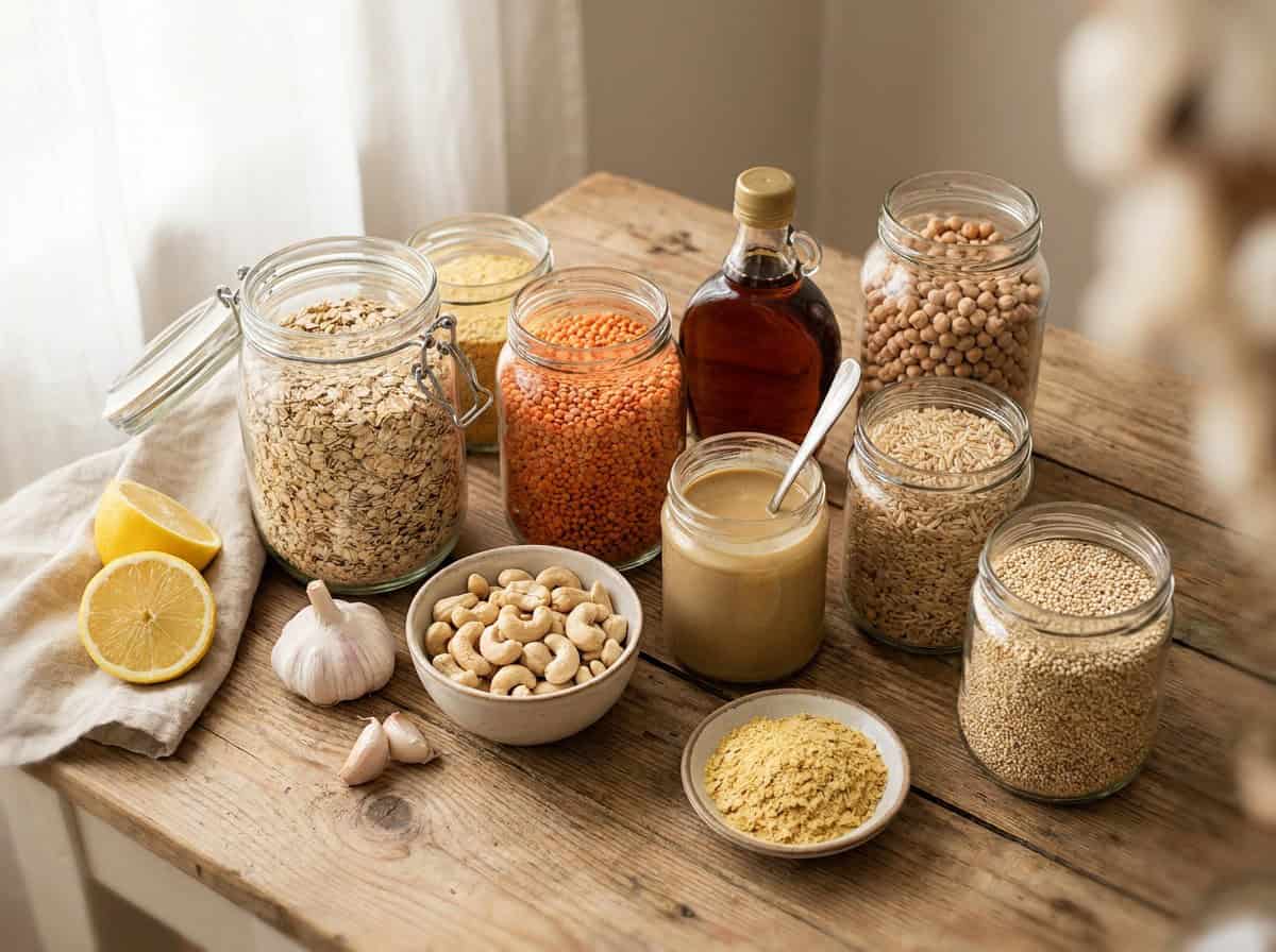 A wooden table with jars of oats, red lentils, chickpeas, brown rice, and sesame seeds, a bottle of syrup, a bowl of cashews, a jar of tahini, garlic cloves, lemon halves, and a small plate of nutritional yeast.