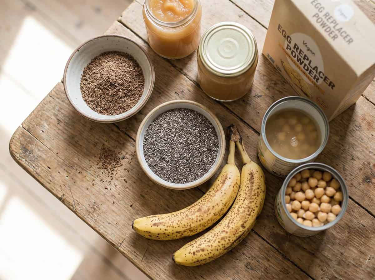 A wooden table displays overripe bananas, chia seeds, flaxseeds, canned chickpeas, applesauce in jars, and a box labeled “egg replacer powder”—all common vegan egg substitutes.