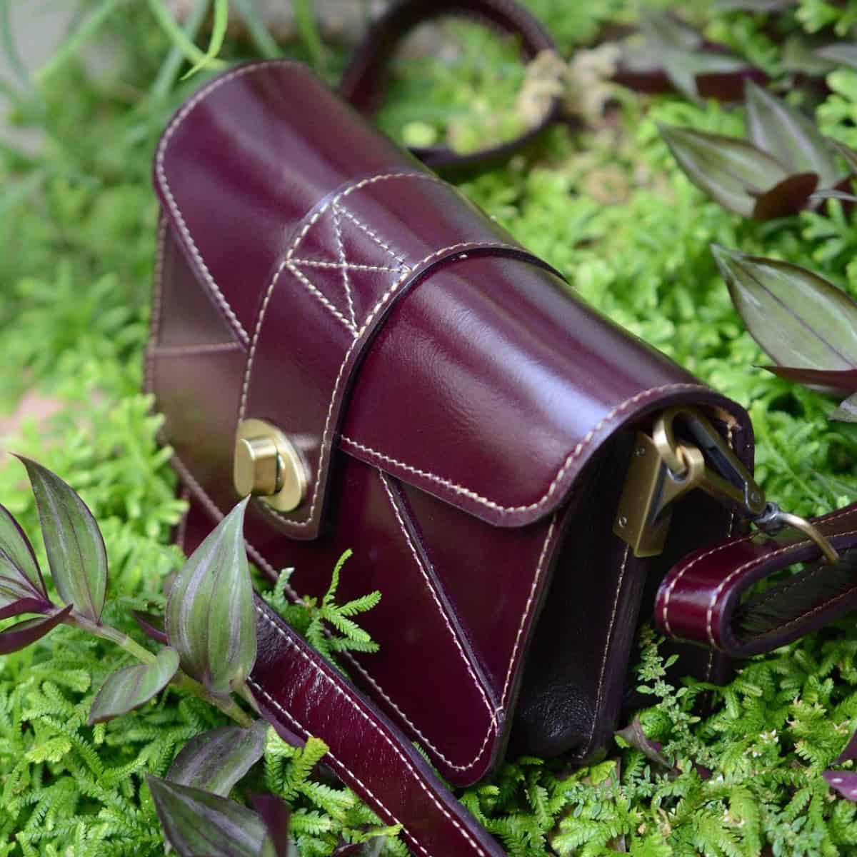 A small, burgundy leather handbag with gold hardware rests on vibrant green foliage, surrounded by various leafy plants. The bag features white stitching and a long strap.