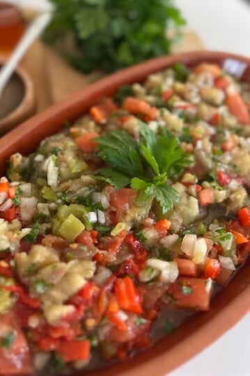 Vibrant Turkish smoky eggplant salad with fresh herbs and vegetables.